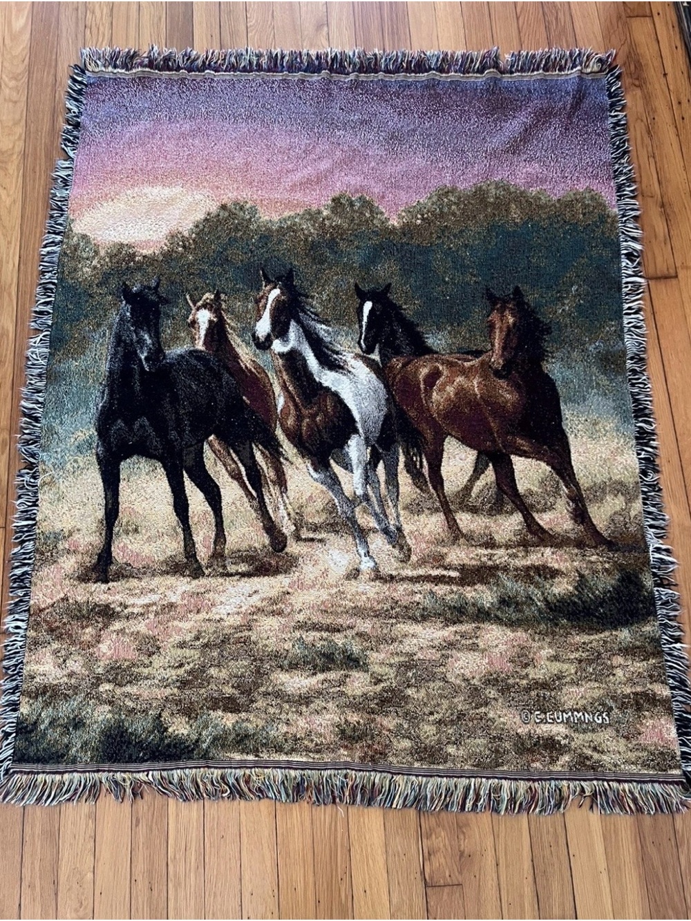 Vintage 90s C. Cummings Horses Fringe Throw Tapestry Blanket Western